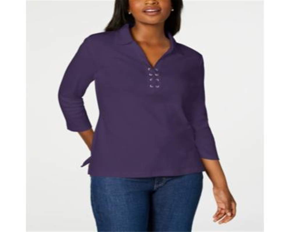 Karen Scott Women's Cotton Lace up Shirt Purple Size Large