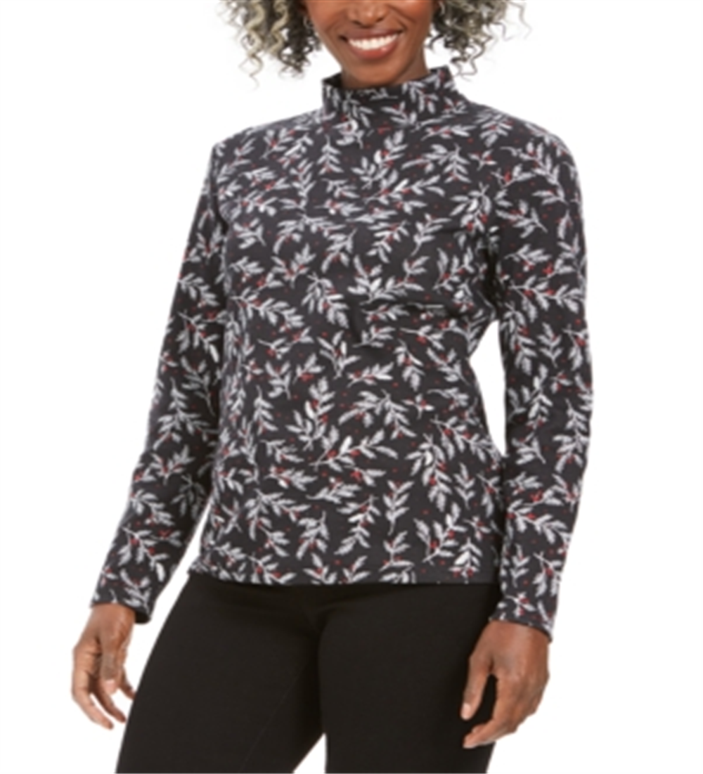 Karen Scott Women's Wheat Fields Printed Mock Neck Top Black Size Petite S