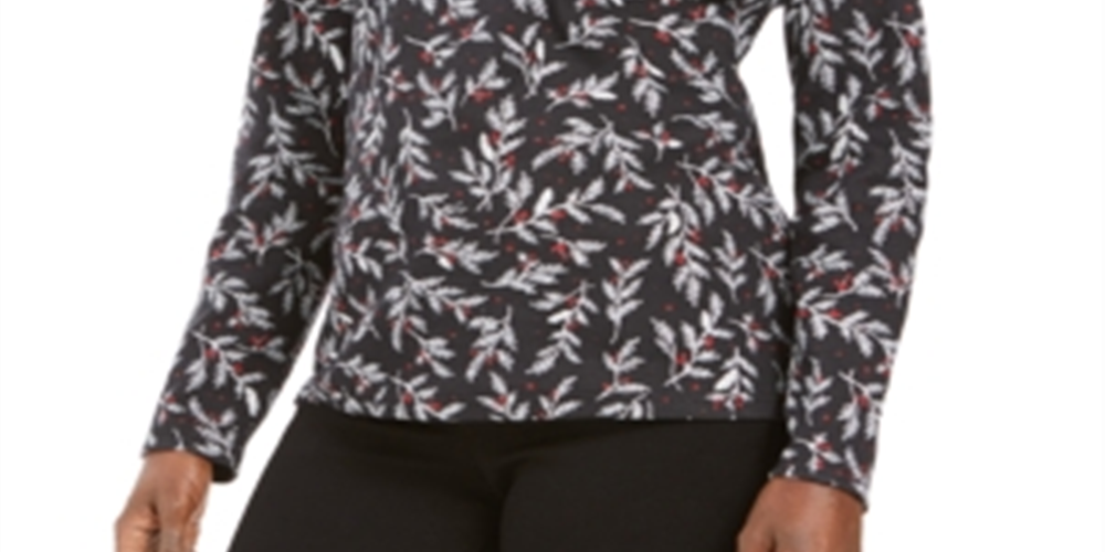 Karen Scott Women's Wheat Fields Printed Mock Neck Top Black Size Petite S