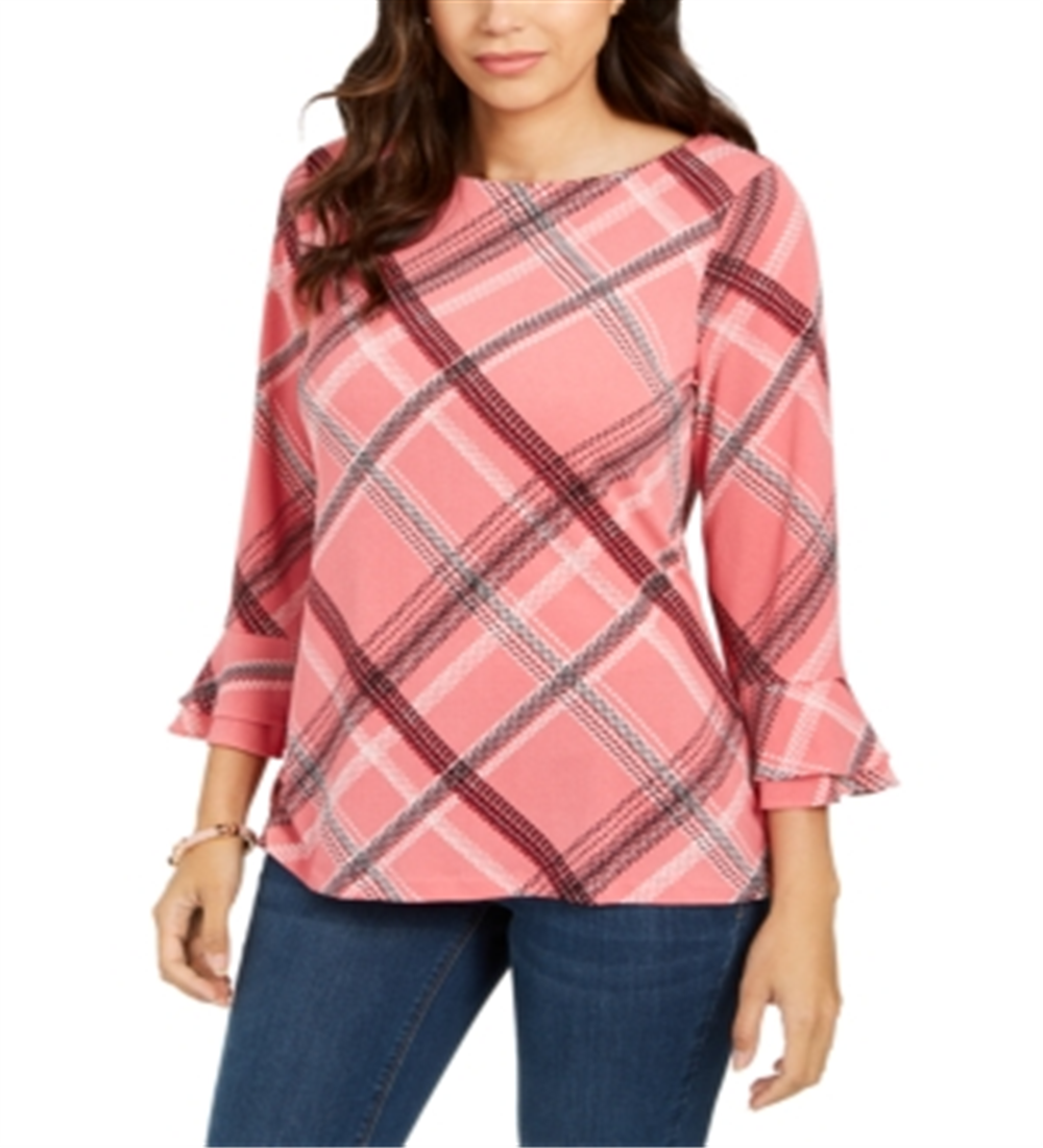 Charter Club Women's Plaid Bell Sleeve Top Pink  Size XXL