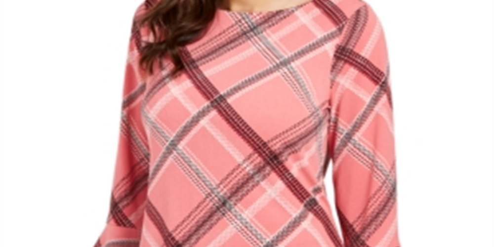 Charter Club Women's Plaid Bell Sleeve Top Pink  Size XXL