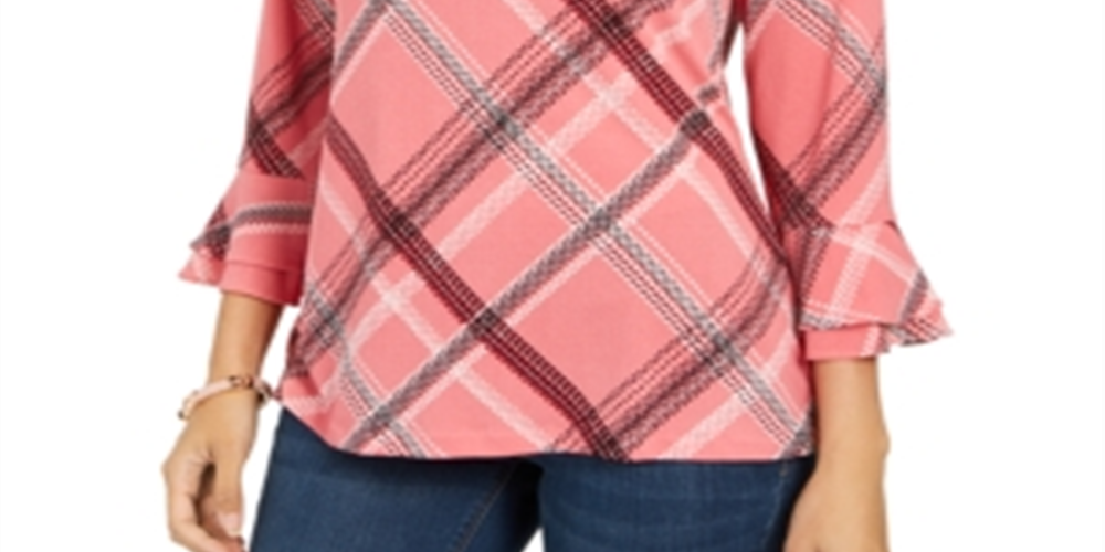 Charter Club Women's Plaid Bell Sleeve Top Pink  Size XXL