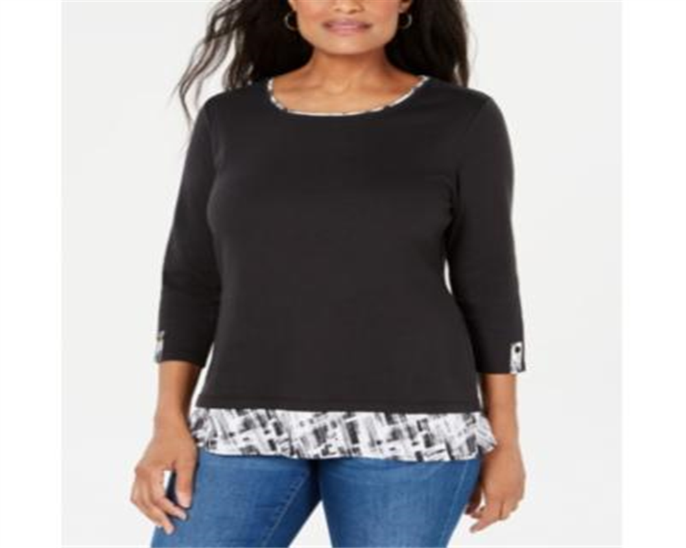 Karen Scott Women's Printed Trim Top Black Size Petite S