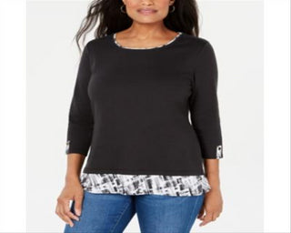 Karen Scott Women's Printed Trim Top Black Size Petite S