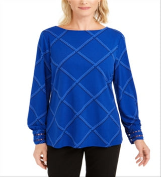 Charter Club Women's Plaid Embroidered Cuff Top Blue Size Petite XL