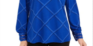 Charter Club Women's Plaid Embroidered Cuff Top Blue Size Petite XL