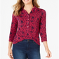Charter Club Women's 3/4 Sleeve Printed Polo Top  Pink  Size Small