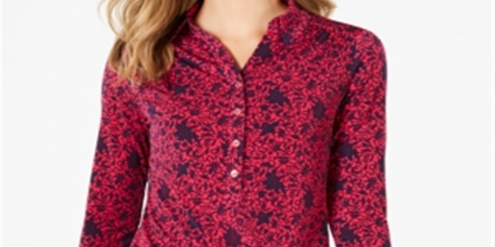 Charter Club Women's 3/4 Sleeve Printed Polo Top  Pink  Size Small