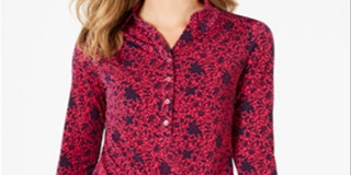 Charter Club Women's 3/4 Sleeve Printed Polo Top  Pink  Size Small