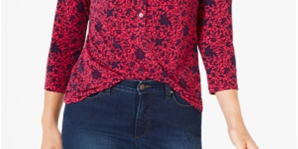 Charter Club Women's 3/4 Sleeve Printed Polo Top  Pink  Size Small