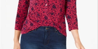 Charter Club Women's 3/4 Sleeve Printed Polo Top  Pink  Size Small