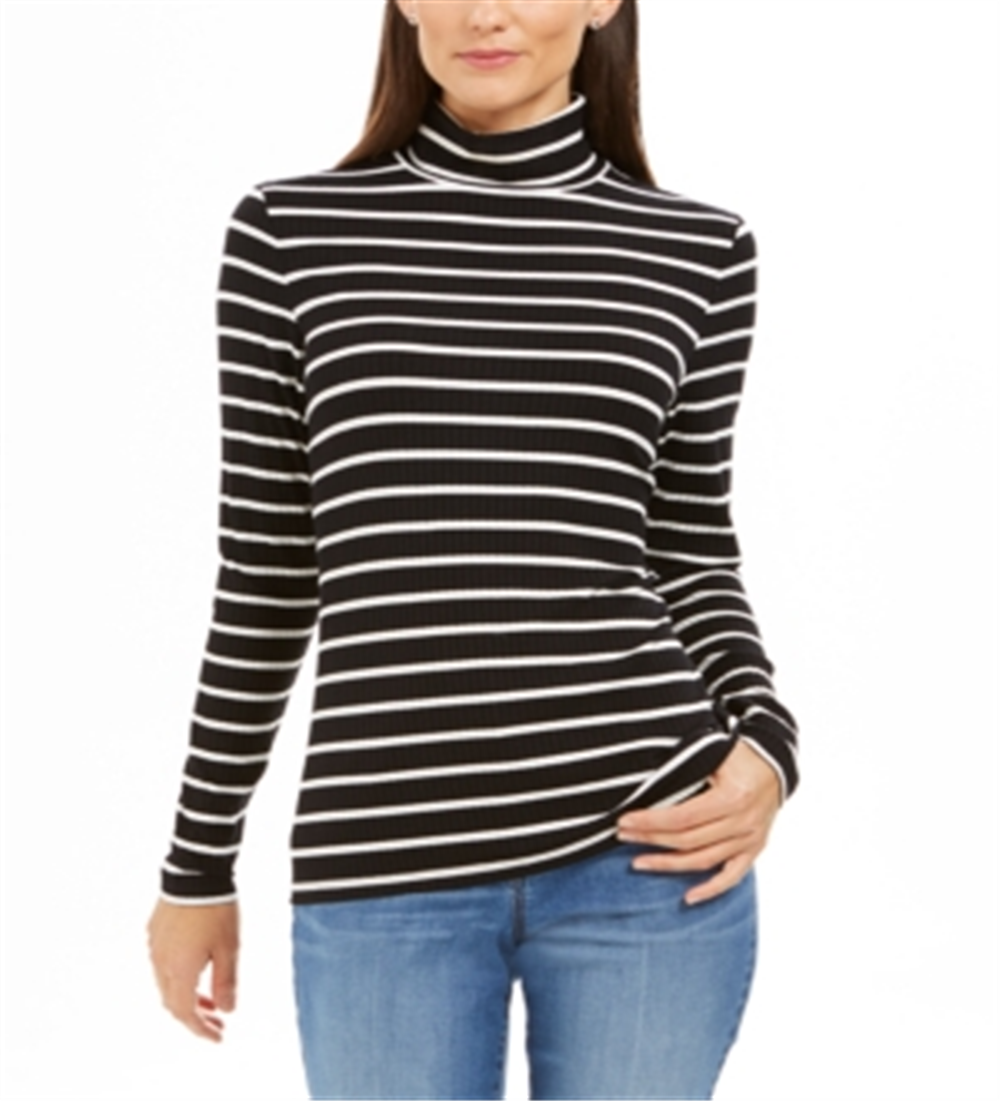 Charter Club Women's Striped Turtleneck Top Black -White Size Petite S/M