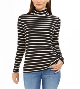 Charter Club Women's Striped Turtleneck Top Black -White Size Petite S/M