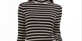 Charter Club Women's Striped Turtleneck Top Black -White Size Petite S/M