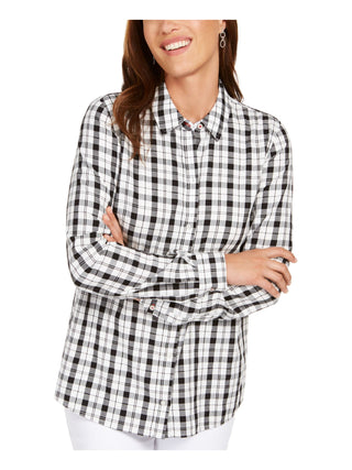 Charter Club Women's Plaid Cuffed Button up Top White Size X-Small