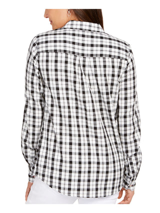 Charter Club Women's Plaid Cuffed Button up Top White Size X-Small