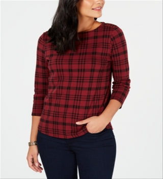 Charter Club Women's Pima Cotton Button Shoulder Print Top Red Size Medium