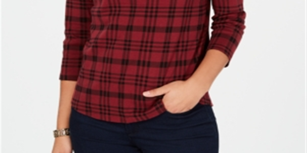 Charter Club Women's Pima Cotton Button Shoulder Print Top Red Size Medium