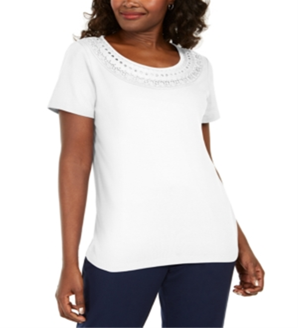 Karen Scott Women's Cotton Crochet Trim T-Shirt White Size X-Small