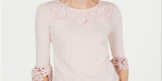 Charter Club Women's Bell Sleeve Embroidered Top Pink Size Petite Medium