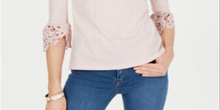 Charter Club Women's Bell Sleeve Embroidered Top Pink Size Petite Medium