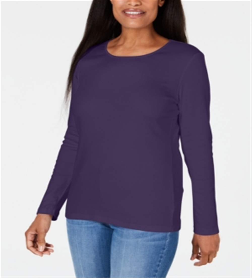 Karen Scott Women's Satin Trim Scoop Neck Top Purple Size Large