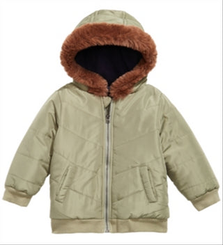First Impressions Baby Boy's Hooded Chevron Jacket with Faux Fur Trim Green Size 3-6MOS