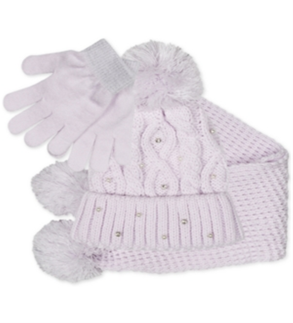 Fab Big Girl's 3 Pc Sparkly Knit Hat Scarf & Gloves Set Purple Size Regular