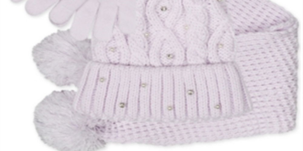 Fab Big Girl's 3 Pc Sparkly Knit Hat Scarf & Gloves Set Purple Size Regular