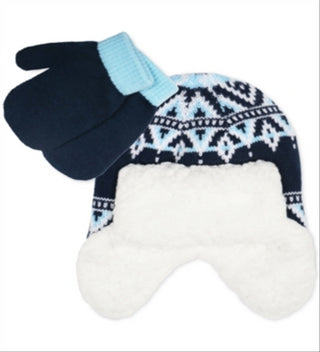 Fab Toddler 2 Pc Fair Isle Trapper Hat & Colorblocked Mittens Set Blue One Size