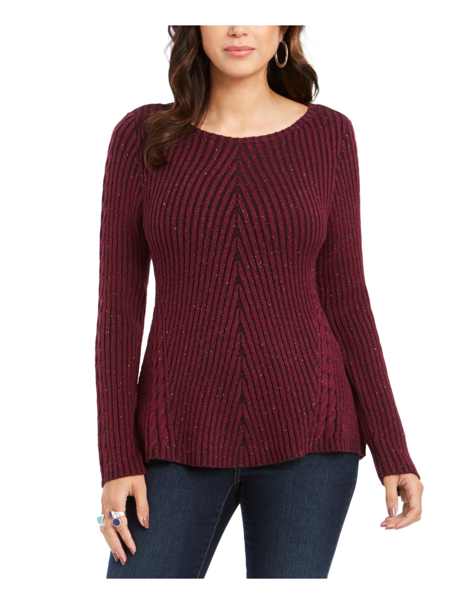 Style & Co Women's Textured Speckle Long Sleeve Jewel Neck T-Shirt Sweater Red Size Petite Large