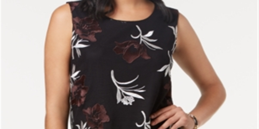 Alfani Women's Printed Embroidered Pointed Hem Top Red Size Petite Large