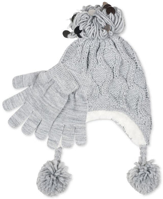 Fab Big Girl's 2 Pc Heidi Sequined Popcorn Knit Hat & Gloves Gray Size Regular