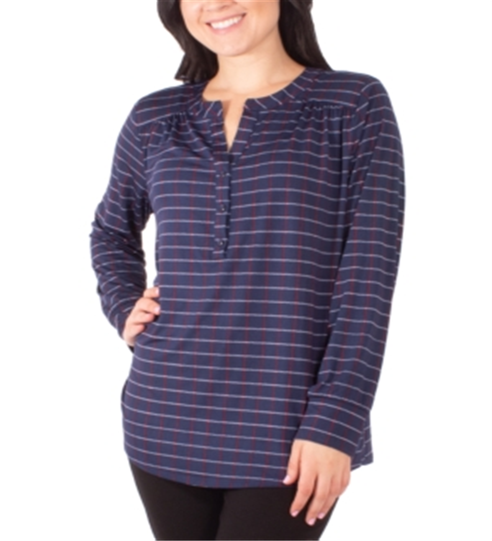 NY Collection Women's Printed Henley Top Blue Size Petite S