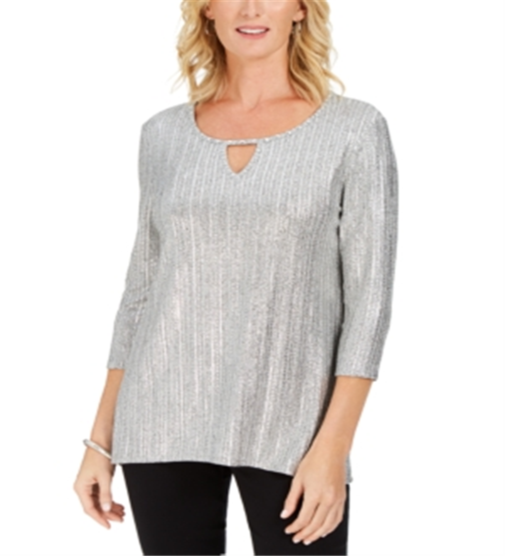 JM Collection Women's Metallic Ribbed Keyhole Top Silver Foil Size Petite S