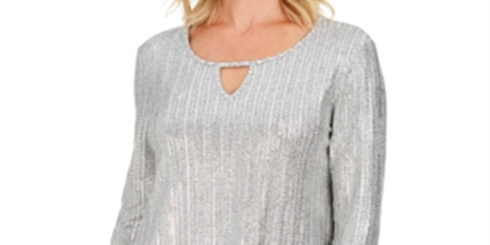 JM Collection Women's Metallic Ribbed Keyhole Top Silver Foil Size Petite S