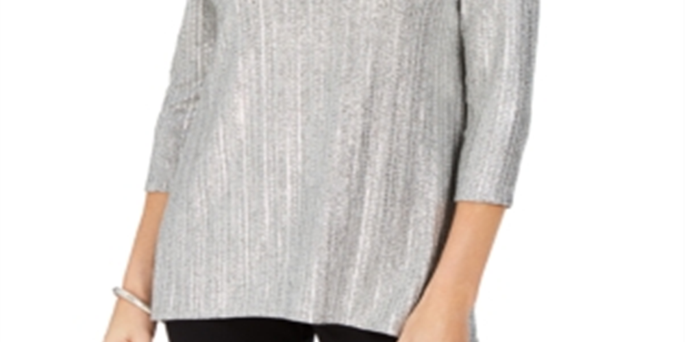 JM Collection Women's Metallic Ribbed Keyhole Top Silver Foil Size Petite S