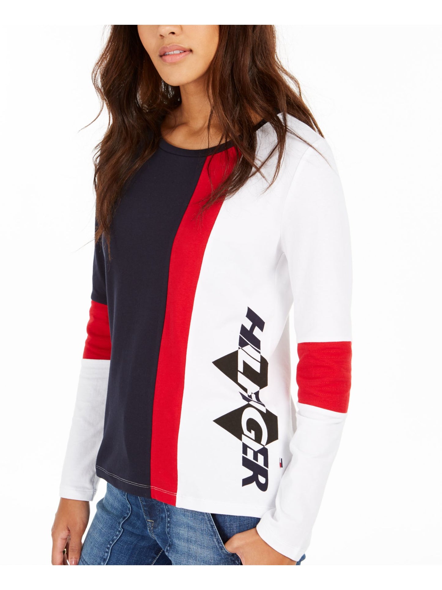 Tommy Hilfiger Women's Color Block Long Sleeve Jewel Neck T-Shirt Top Blue Size X-Large