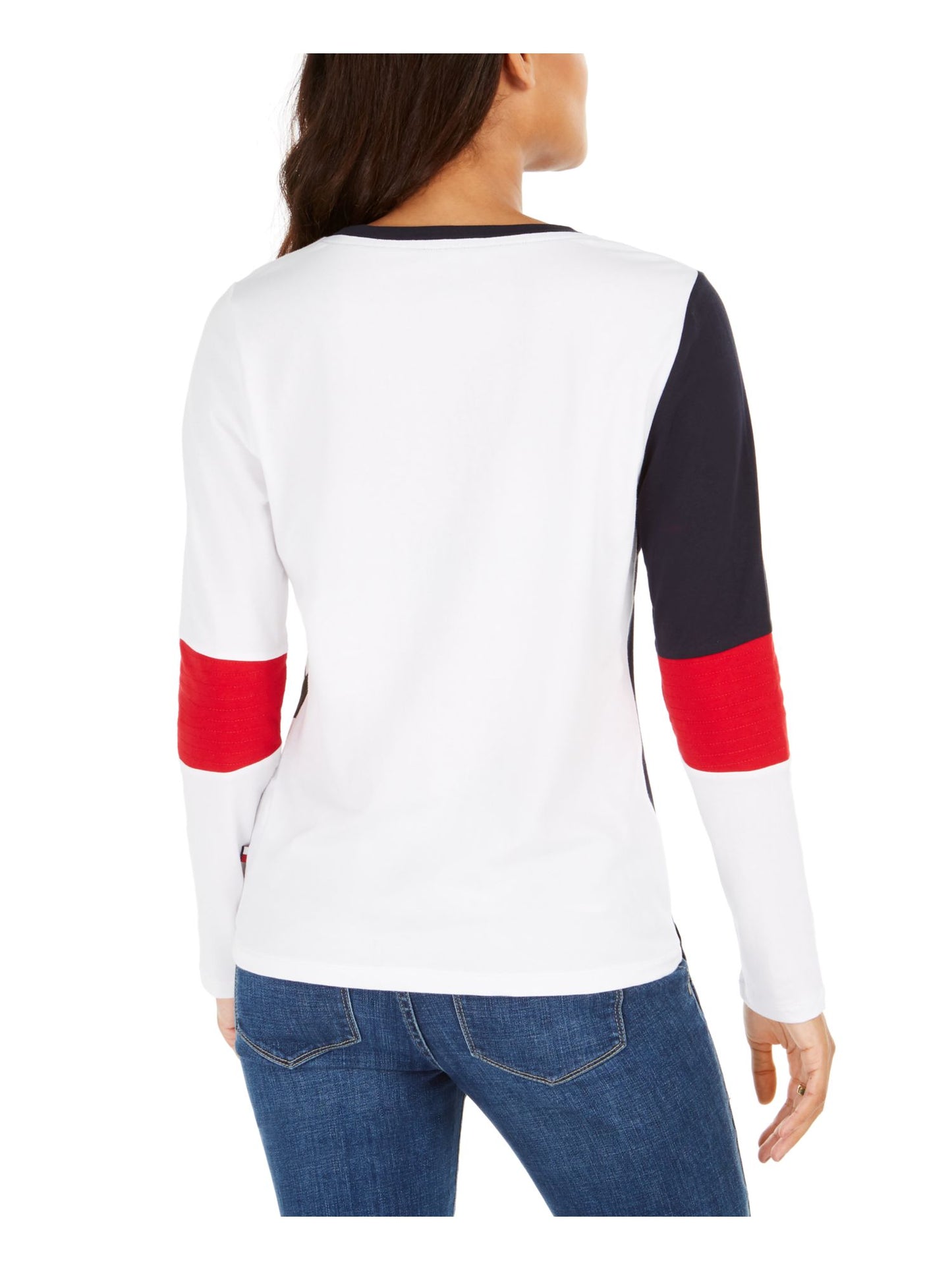 Tommy Hilfiger Women's Color Block Long Sleeve Jewel Neck T-Shirt Top Blue Size X-Large