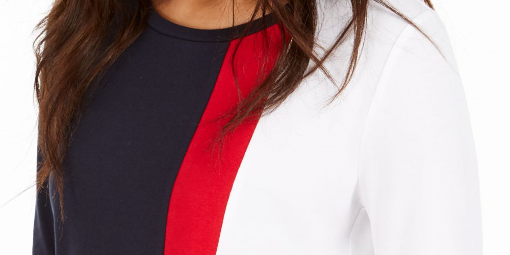 Tommy Hilfiger Women's Color Block Long Sleeve Jewel Neck T-Shirt Top Blue Size X-Large