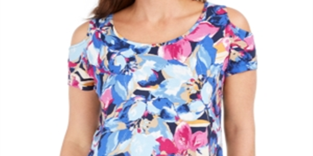 JM Collection Women's Printed Cold Shoulder Top Blue Size Small