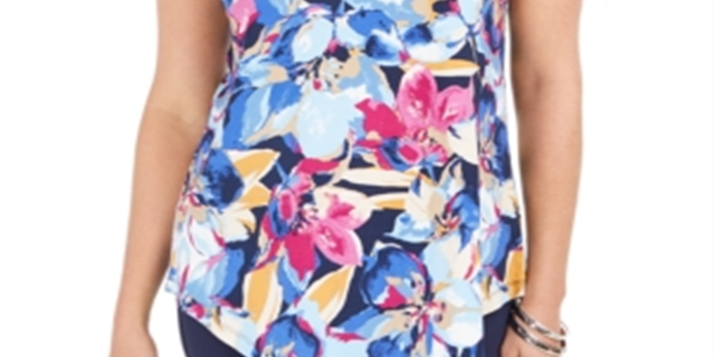 JM Collection Women's Printed Cold Shoulder Top Blue Size Small