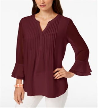 Charter Club Women's Double Ruffle Solid Pintuck Top Maroon Size Petite L