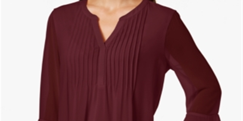 Charter Club Women's Double Ruffle Solid Pintuck Top Maroon Size Petite L