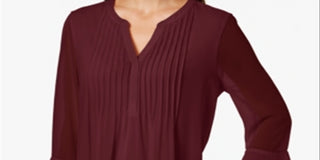 Charter Club Women's Double Ruffle Solid Pintuck Top Maroon Size Petite L