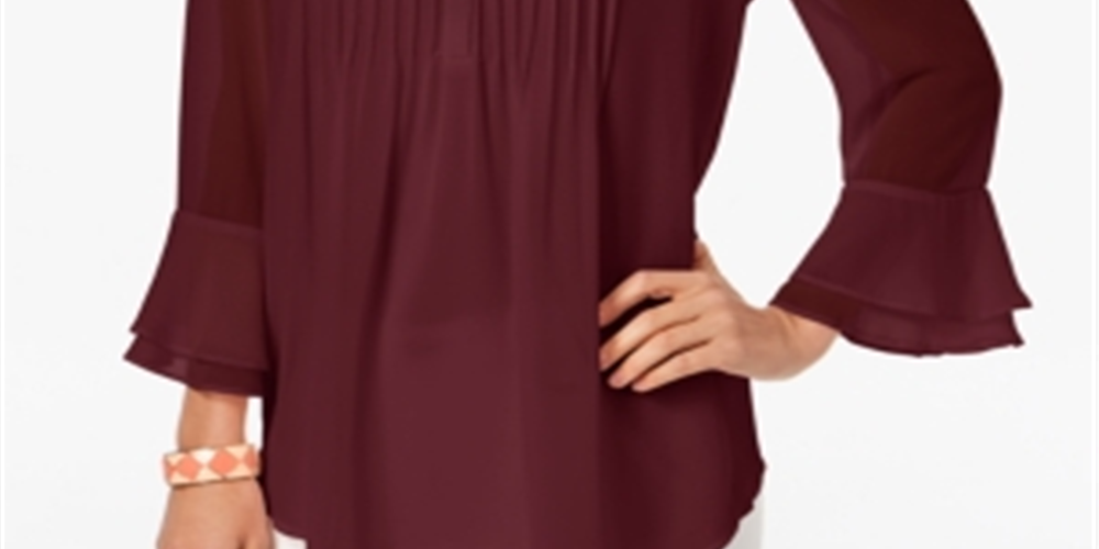 Charter Club Women's Double Ruffle Solid Pintuck Top Maroon Size Petite L