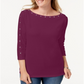 Karen Scott Women's Cotton Boat Neck Studded Top Purple Size X-Small