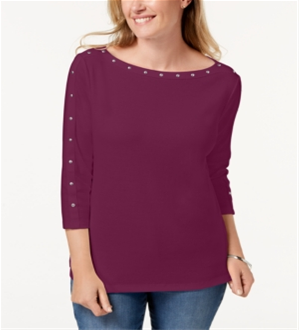 Karen Scott Women's Cotton Boat Neck Studded Top Purple Size X-Small