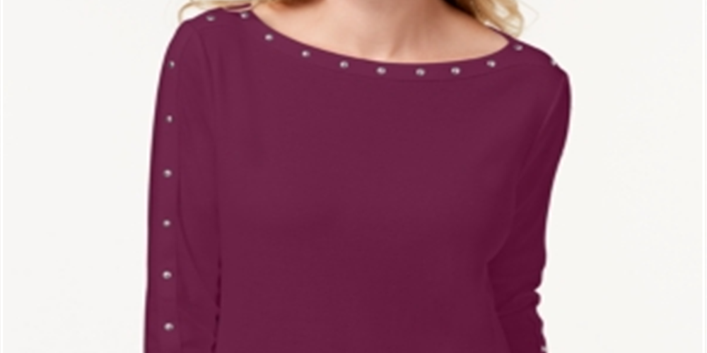 Karen Scott Women's Cotton Boat Neck Studded Top Purple Size X-Small
