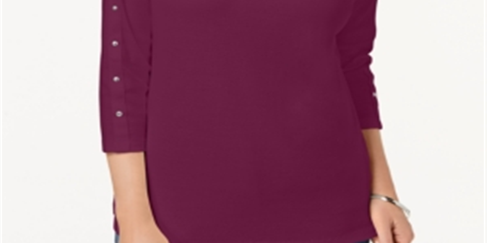 Karen Scott Women's Cotton Boat Neck Studded Top Purple Size X-Small
